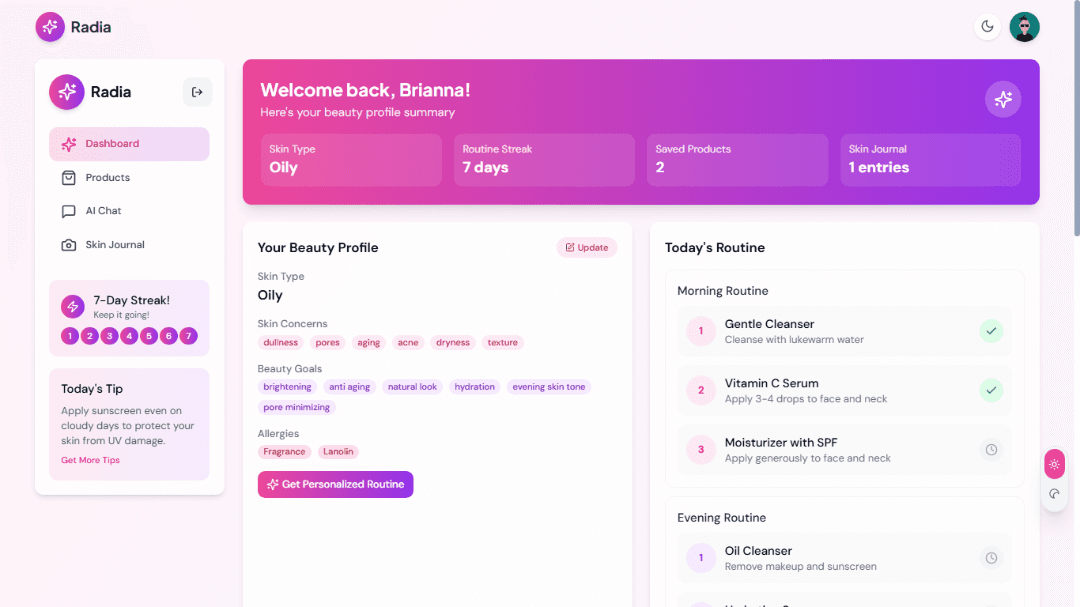 Radia β AI Beauty Assistant UI Template