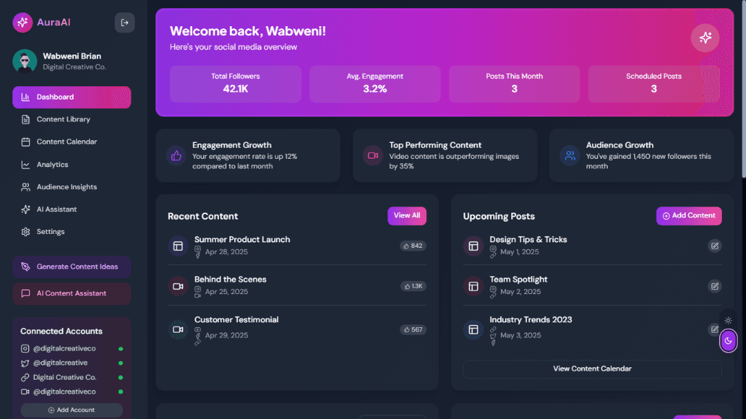 AuraAI β AI Social Media Assistant UI Template
